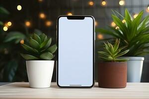 Smartphone mockup with blank screen and succulent plant on wooden table Ai generated photo