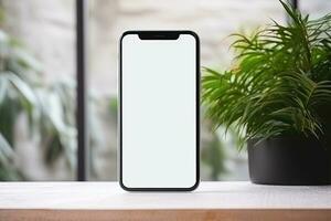 Smartphone mockup with blank screen and succulent plant on wooden table Ai generated photo