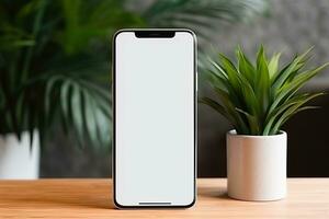 Smartphone mockup with blank screen and succulent plant on wooden table Ai generated photo