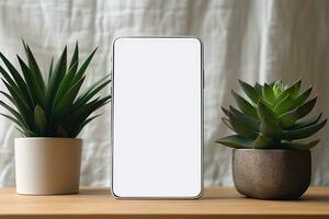 teléfono inteligente Bosquejo con blanco pantalla y suculento planta en de madera mesa ai generado foto