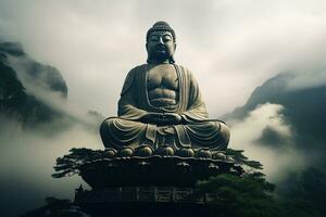 Buda estatua en el parte superior de montaña en brumoso Mañana ai generado foto