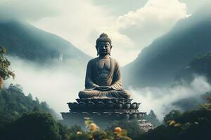 Buddha statue on the top of mountain in misty morning Ai generated photo