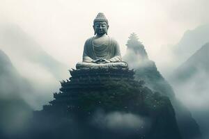 Buddha statue on the top of mountain in misty morning Ai generated photo