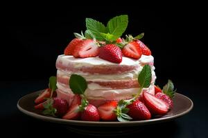 fresa pastel con azotado crema y Fresco fresas en oscuro antecedentes ai generado foto