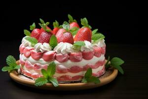 Strawberry cake with whipped cream and fresh strawberries on dark background Ai generated photo