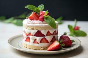 fresa pastel con azotado crema y Fresco fresas en oscuro antecedentes ai generado foto