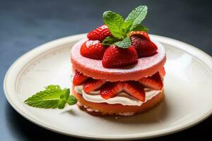 fresa pastel con azotado crema y Fresco fresas en oscuro antecedentes ai generado foto