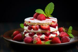 Strawberry cake with whipped cream and fresh strawberries on dark background Ai generated photo