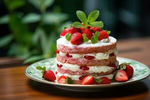 Strawberry cake with whipped cream and fresh strawberries on dark background Ai generated photo