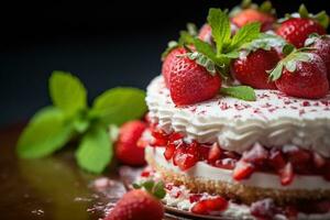 Strawberry cake with whipped cream and fresh strawberries on dark background Ai generated photo