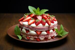 Strawberry cake with whipped cream and fresh strawberries on dark background Ai generated photo