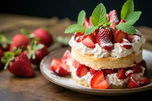 Strawberry cake with whipped cream and fresh strawberries on dark background Ai generated photo