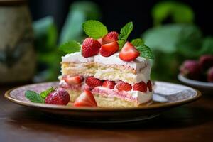 fresa pastel con azotado crema y Fresco fresas en oscuro antecedentes ai generado foto