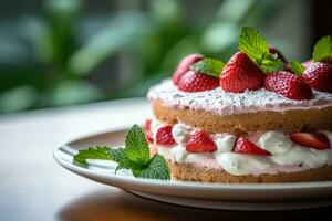 Strawberry cake with whipped cream and fresh strawberries on dark background Ai generated photo