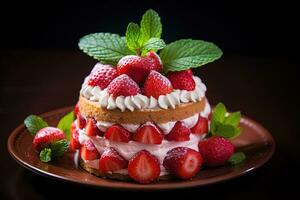 Strawberry cake with whipped cream and fresh strawberries, selective focus Ai generated photo