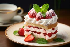 Strawberry cake with whipped cream and fresh strawberries, selective focus Ai generated photo