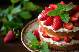 Strawberry cake with whipped cream and fresh strawberries, selective focus Ai generated photo