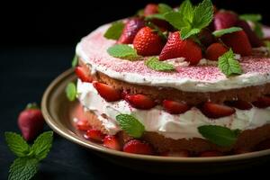 Strawberry cake with whipped cream and fresh strawberries, selective focus Ai generated photo