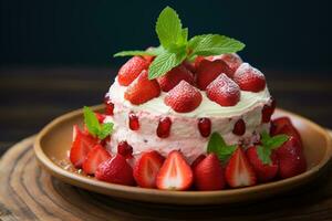 Strawberry cake with whipped cream and fresh strawberries, selective focus Ai generated photo