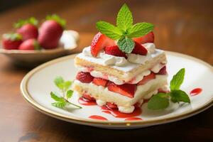 Strawberry cake with whipped cream and fresh strawberries, selective focus Ai generated photo