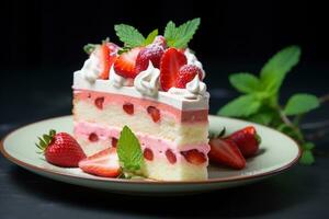 Strawberry cake with whipped cream and fresh strawberries, selective focus Ai generated photo