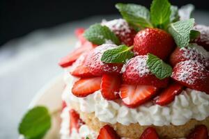 Strawberry cake with whipped cream and fresh strawberries, selective focus Ai generated photo