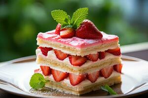 Strawberry cake with whipped cream and fresh strawberries, selective focus Ai generated photo