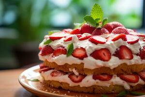 Strawberry cake with whipped cream and fresh strawberries, selective focus Ai generated photo