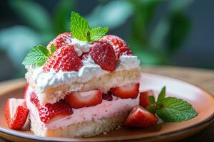 Strawberry cake with whipped cream and fresh strawberries, selective focus Ai generated photo