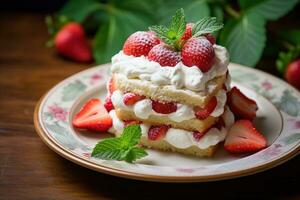 fresa pastel con azotado crema y Fresco fresas, selectivo atención ai generado foto