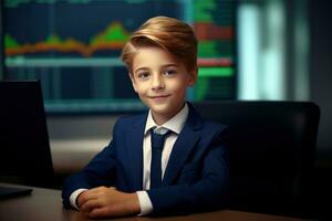 retrato de un linda pequeño chico en un negocio traje sentado a el mesa en frente de un monitor con un valores mercado gráfico ai generado foto