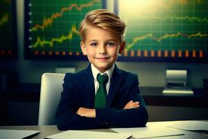 Portrait of a cute little boy in a business suit sitting at the table in front of a monitor with a stock market chart Ai generated photo