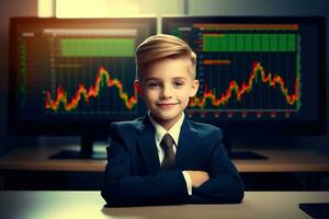 retrato de un linda pequeño chico en un negocio traje sentado a el mesa en frente de un monitor con un valores mercado gráfico ai generado foto