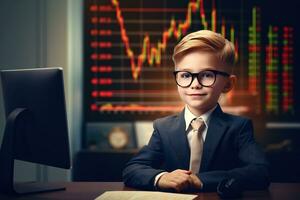 retrato de un linda pequeño chico en un negocio traje sentado a el mesa en frente de un monitor con un valores mercado gráfico ai generado foto