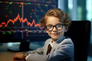 retrato de un linda pequeño chico en un negocio traje sentado a el mesa en frente de un monitor con un valores mercado gráfico ai generado foto