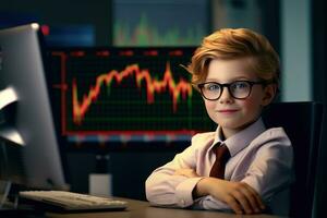 Portrait of a cute little boy in a business suit sitting at the table in front of a monitor with a stock market chart Ai generated photo