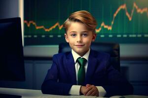 retrato de un linda pequeño chico en un negocio traje sentado a el mesa en frente de un monitor con un valores mercado gráfico ai generado foto