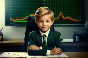 retrato de un linda pequeño chico en un negocio traje sentado a el mesa en frente de un monitor con un valores mercado gráfico ai generado foto