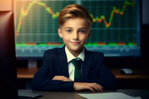 retrato de un linda pequeño chico en un negocio traje sentado a el mesa en frente de un monitor con un valores mercado gráfico ai generado foto