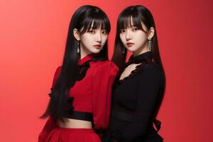 Portrait of two beautiful asian women in black dress on red background Ai generated photo