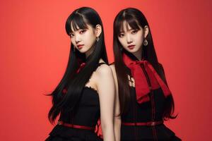 Portrait of two beautiful asian women in black dress on red background Ai generated photo