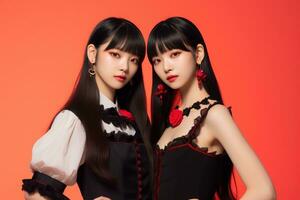 Portrait of two beautiful asian women in black dress on red background Ai generated photo