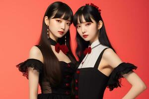 Portrait of two beautiful asian women in black dress on red background Ai generated photo