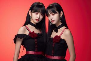 Portrait of two beautiful asian women in black dress on red background Ai generated photo