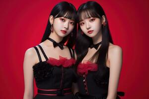 Portrait of two beautiful asian women in black dress on red background Ai generated photo
