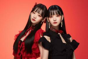 Portrait of two beautiful asian women in black dress on red background Ai generated photo