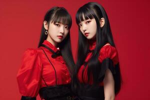 Portrait of two beautiful asian women in black dress on red background Ai generated photo