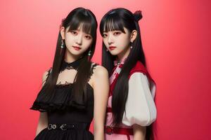 Portrait of two beautiful asian women in black dress on red background Ai generated photo