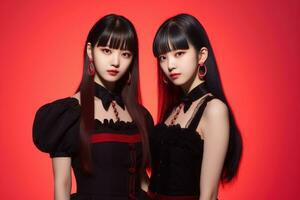 Portrait of two beautiful asian women in black dress on red background Ai generated photo