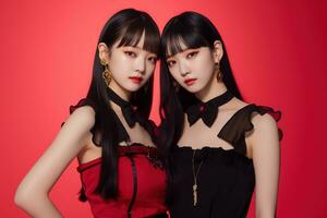 Portrait of two beautiful asian women in black dress on red background Ai generated photo